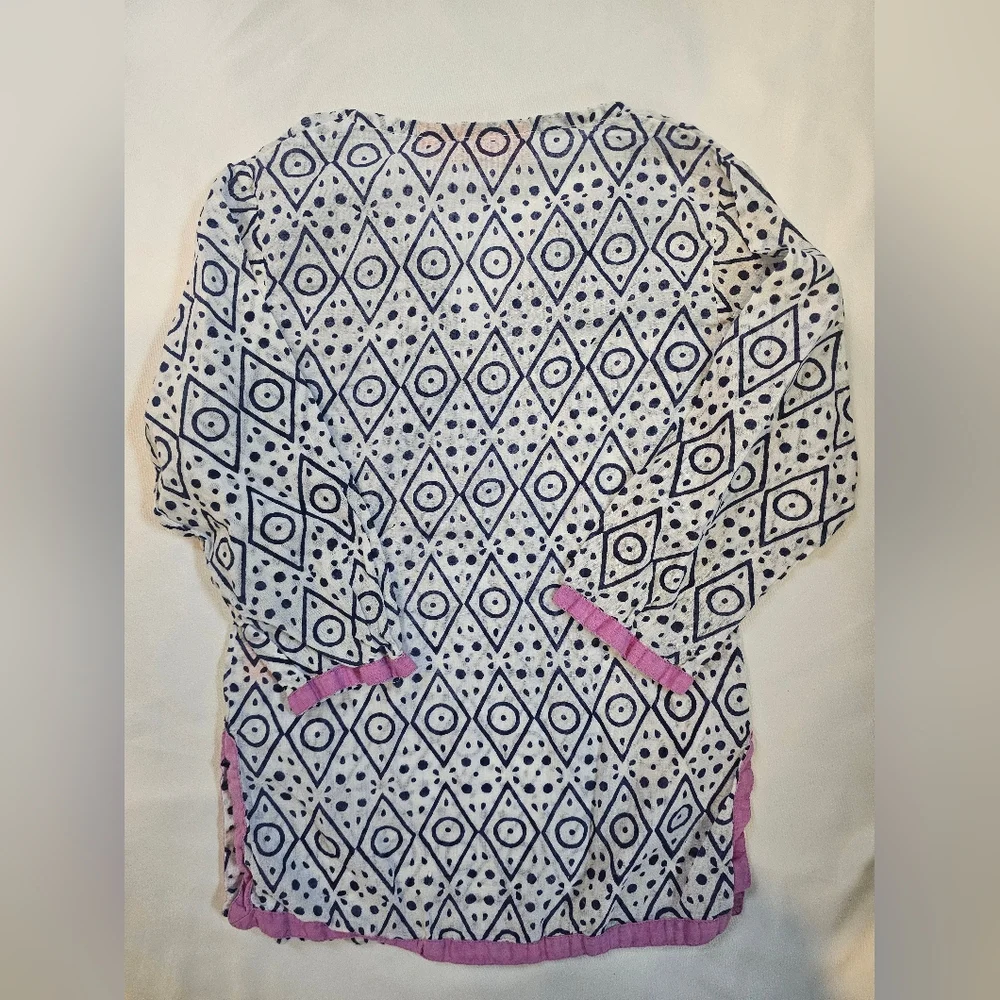 Oliphant Girls Cover-up Tunic- Geometric Pattern W/Pink Trim- 100% Cotton-Size 4